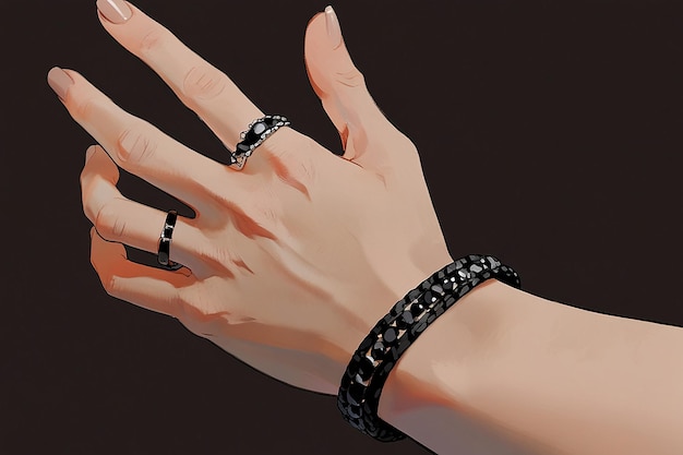 Photo hand with black bracelet and rings