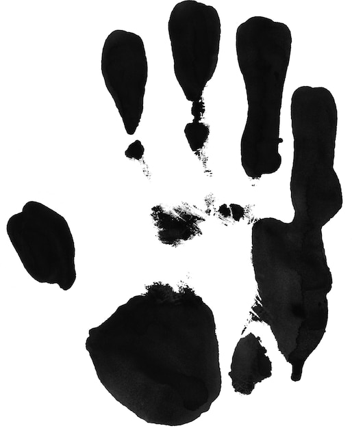 A hand with a black ink stain is shown on a white background.