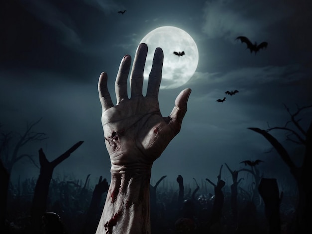 a hand with a bloody hand in front of a full moon