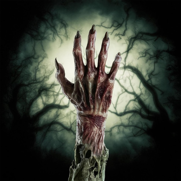 a hand with a bloody hand on it is shown in a dark image