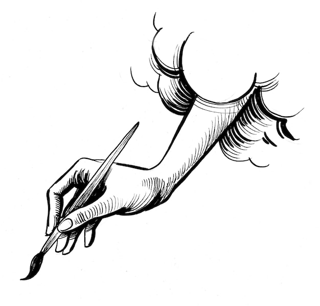 Hand with a brush. Ink black and white drawing