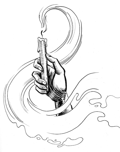 Hand with a candle. Ink black and white drawing