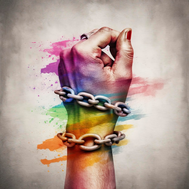 Hand with chained hands and colorful splashes pride day lgbt diversity freedom