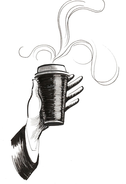 Hand with a cup of coffee. Ink black and white drawing