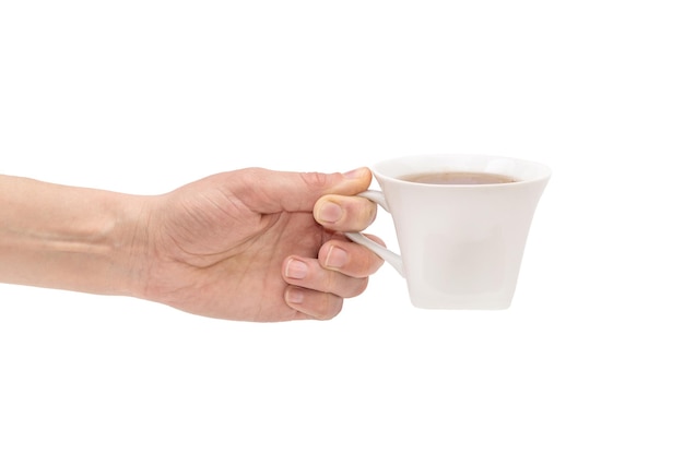 Hand with cup of tea isolated on white