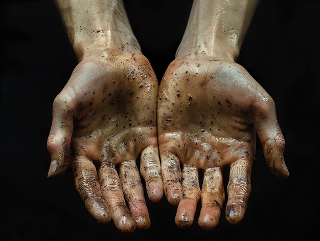 a hand with dirt on it and dirt on it