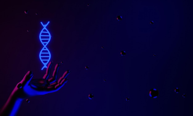 Hand with dna human helix molecules cell research of science biologicalman with blood structure genome 3d illustration rendering