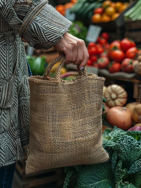 Hand with eco bag and vegetables