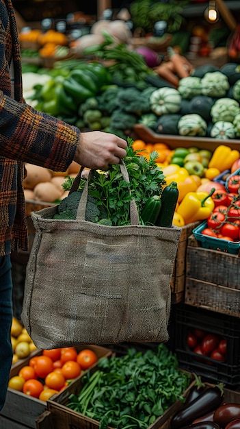 Hand with eco bag and vegetables