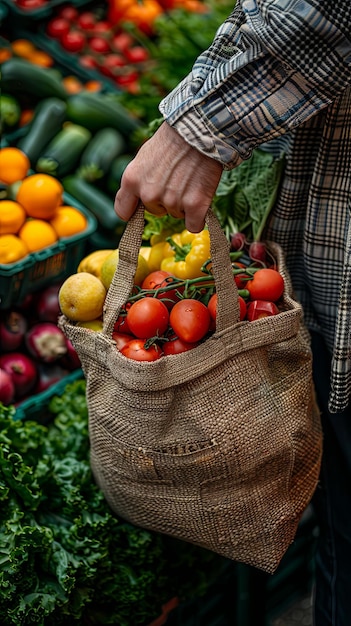 Hand with eco bag and vegetables