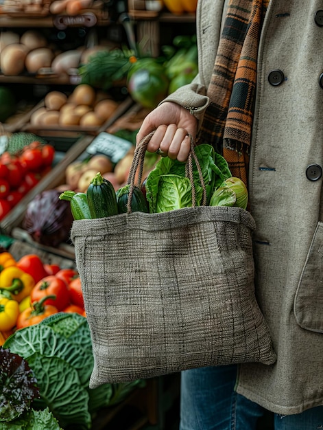 Hand with eco bag and vegetables