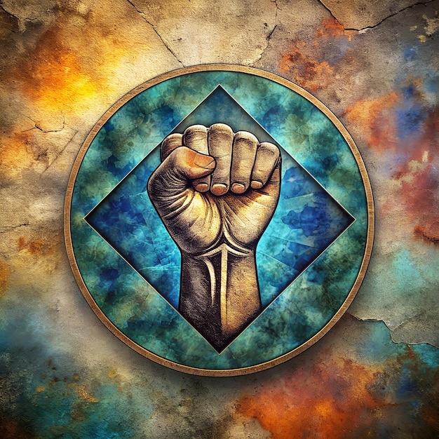 a hand with a fist in the middle of a circle with a blue background