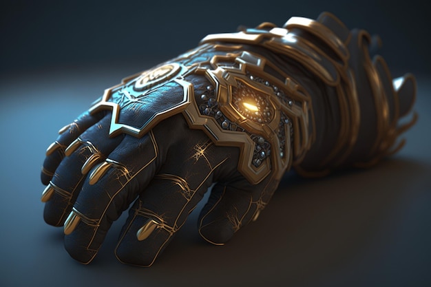 A hand with a gold and black glove that says infinity on it.