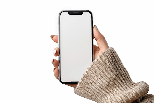 hand with great color nail design holds big phone with white screen iphone 13 flat view white background for website ar 32 stylize 250 Job ID 3e35a9692ae848ca84ebfb1ee9a37a5a