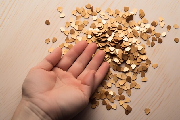 a hand with a handful of small wooden hearts floating in the air in the style of neomosaic