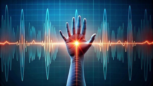 Photo a hand with a heart symbol on the screen and a hand reaching for the heart rate