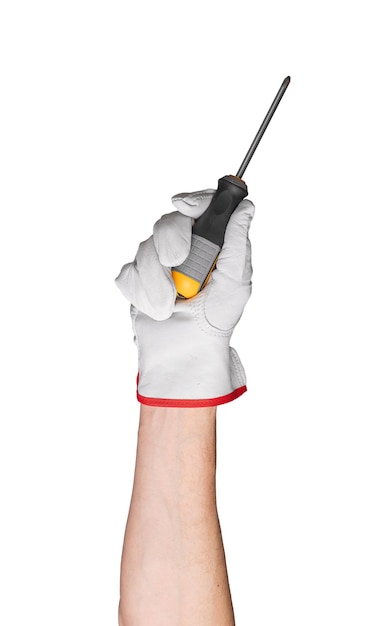 Hand with isolated screwdriver Equipment for working and repair in industrial construction Closeup