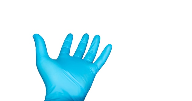 Hand with latex surgical glove on white background, laboratory safety concept.