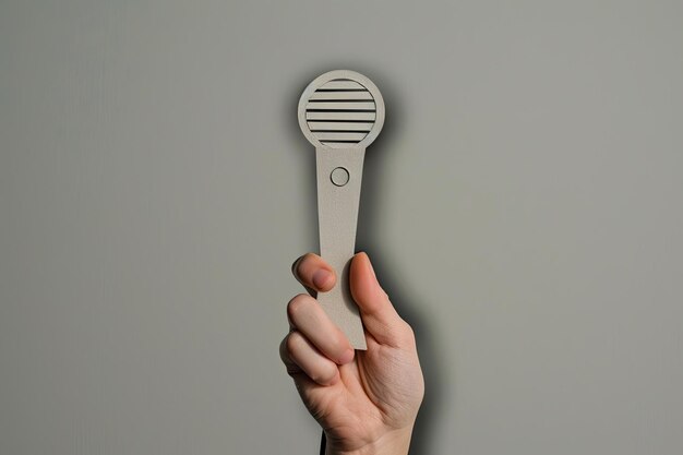 Photo hand with microphone isolated for music ads