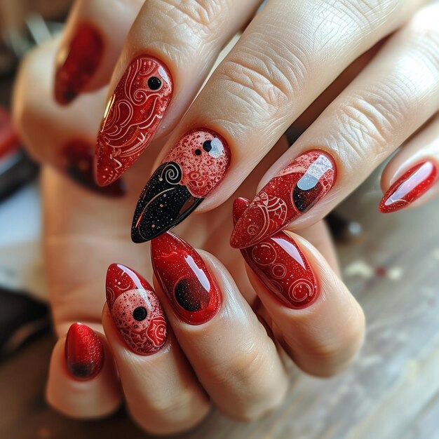 Hand with nail art and red patterns