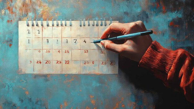 A hand with a pen is writing a date on a calendar