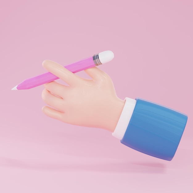 Hand with pen on pink background 3d render Business concept