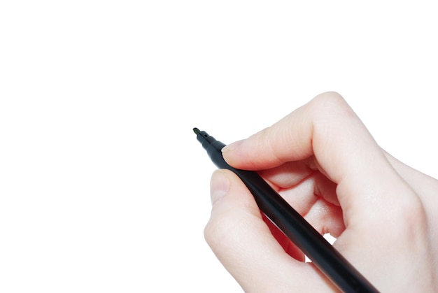 Hand with pen on white background