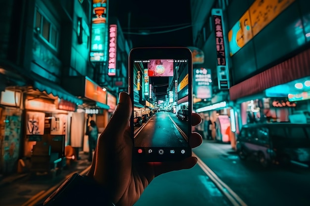 A hand with a phone takes pictures of a Japanese city Neural network AI generated