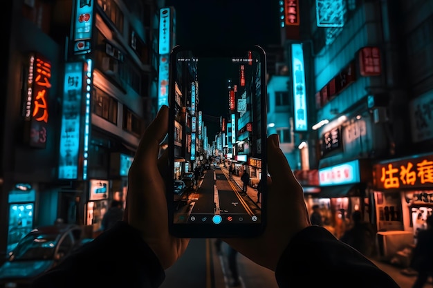 A hand with a phone takes pictures of a Japanese city Neural network AI generated