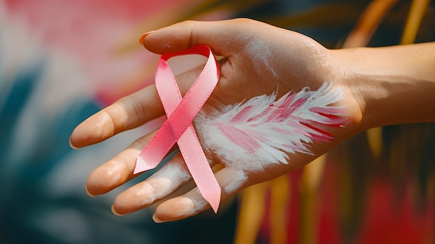 A hand with pink paint on the palm and fingers holds a pink ribbon