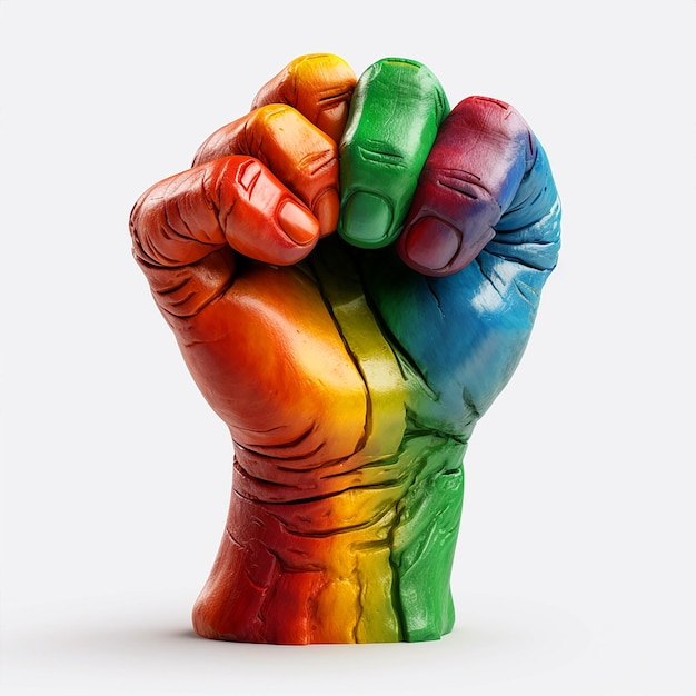 A hand with rainbow colored fingers is held up in a fist.