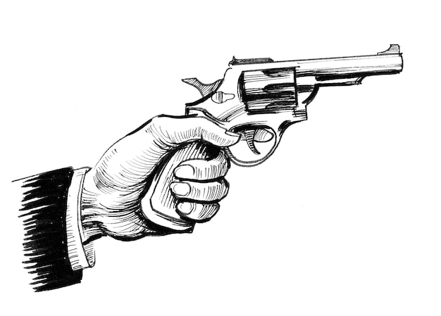 Hand with a revolver gun. Ink black and white drawing