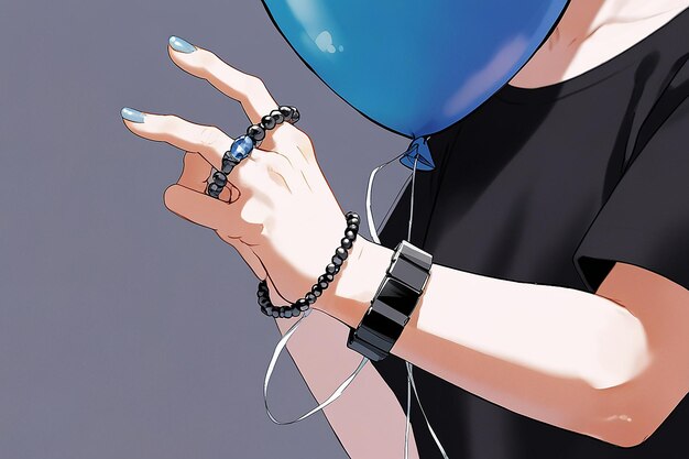 Photo hand with rings and black bracelet with blue balloon