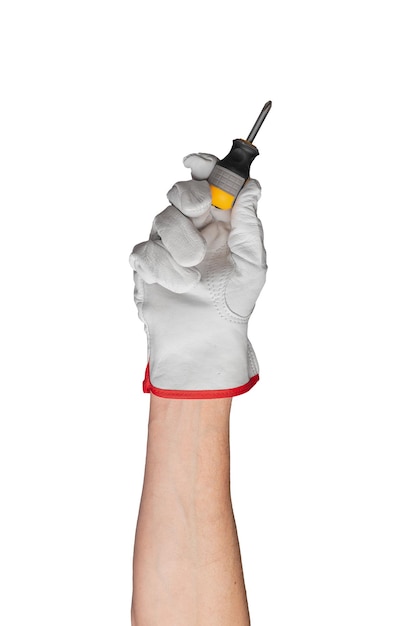 Hand with screwdriver on white background Protect hygiene and cleaning equipment for home Glove