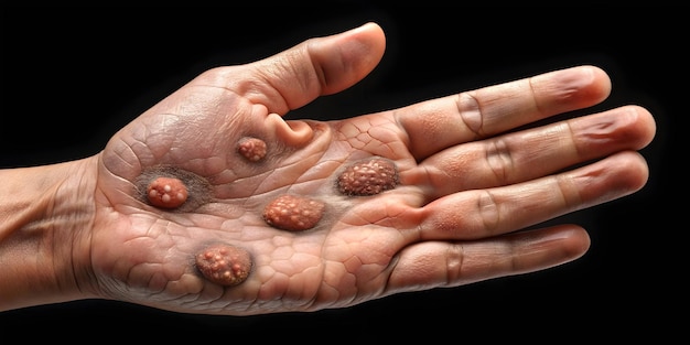 Photo hand with skin lesions a closeup of a hand with multiple skin lesions on a black background