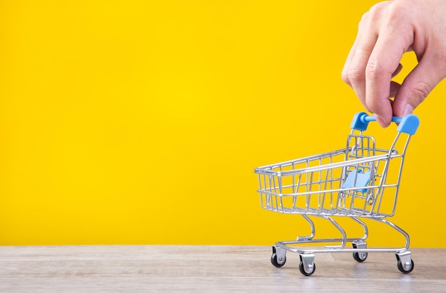 Hand with tiny shopping cart