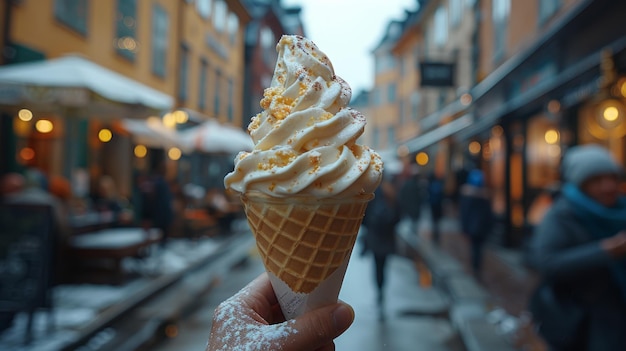 Hand with traditional Swedish ice cream on the street of Gamla Stan in Stockholm Sweden