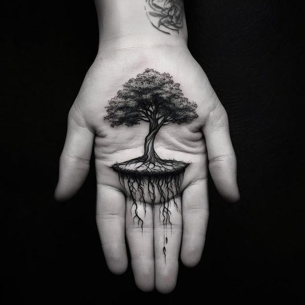 A hand with a tree on it and a tattoo of a tree on it