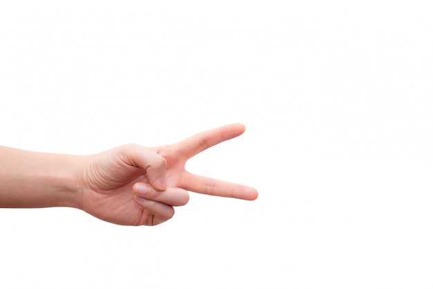 Hand with two fingers up in the peace or victory symbol. 