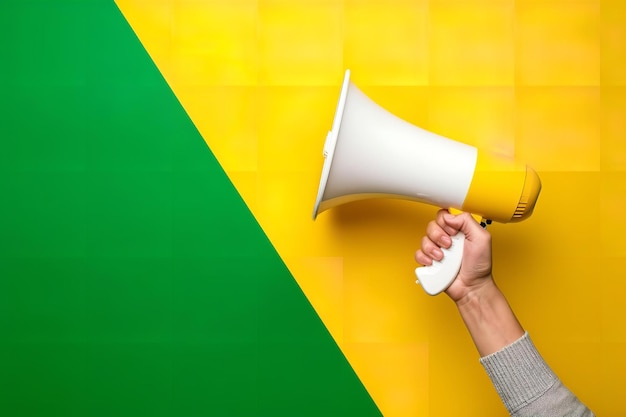 hand with white megaphone yellow and green background strong side lighting concept photo