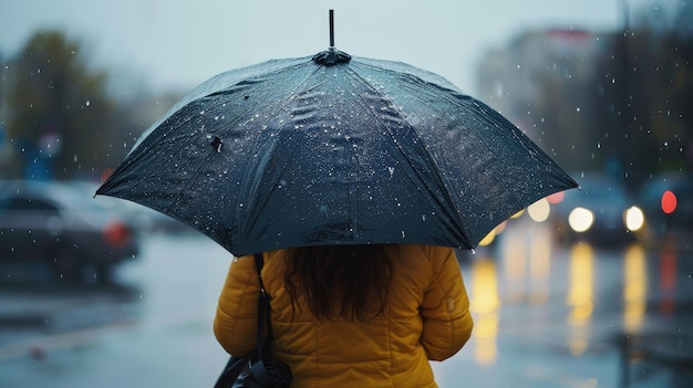 Hand of a woman gripping an umbrella tightly walking in the rain with a sad expression overcast sky with drizzle