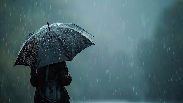 Hand of a woman gripping an umbrella walking in the rain with a sad look Drizzling and overcast sky