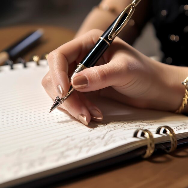 hand of woman holding pen with writing on notebook in office closeup