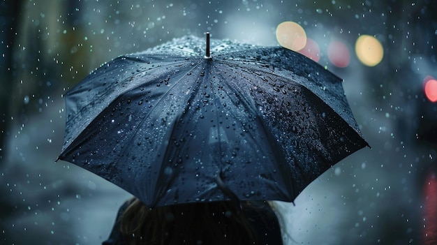 Hand of a woman holding an umbrella tightly walking in the rain sad expression drizzling and overcast background