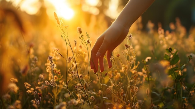 Hand of woman touching high grass Girl walks through the field