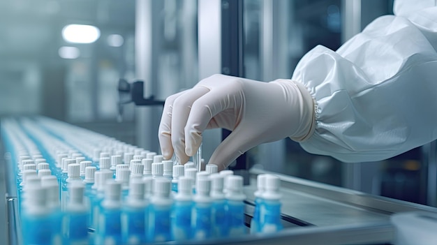 Hand of worker in gloves checking products on production line Generative AI