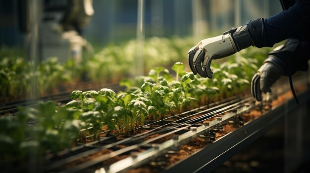 Hand of worker in gloves working in greenhouse examining seedlings Generative AI