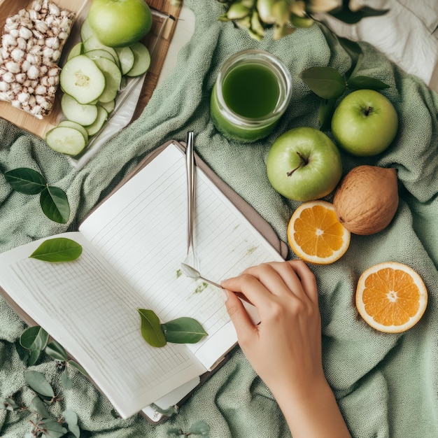 Photo a hand writes in a notebook surrounded by healthy food on a green background