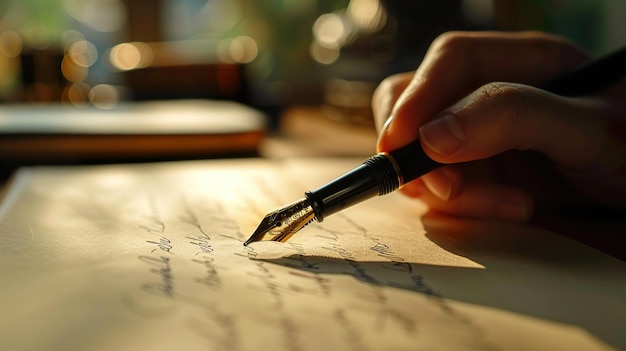 a hand writing a letter with a pen in it