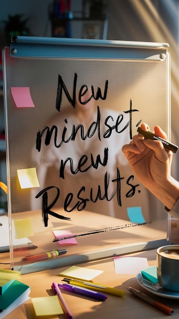 Photo hand writing new mindset new results with black marker on transparent wipe board